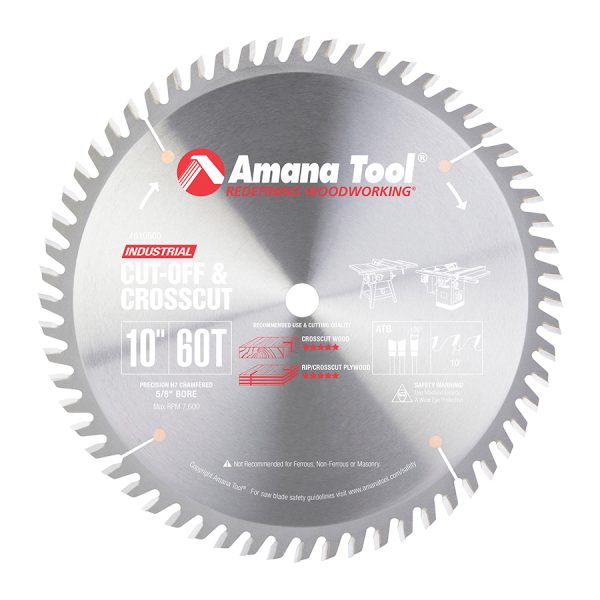 Amana Tool 610600 Carbide Tipped Cut-Off and Crosscut 10 Inch Dia x 60T ATB, 10 Deg, 5/8 Bore